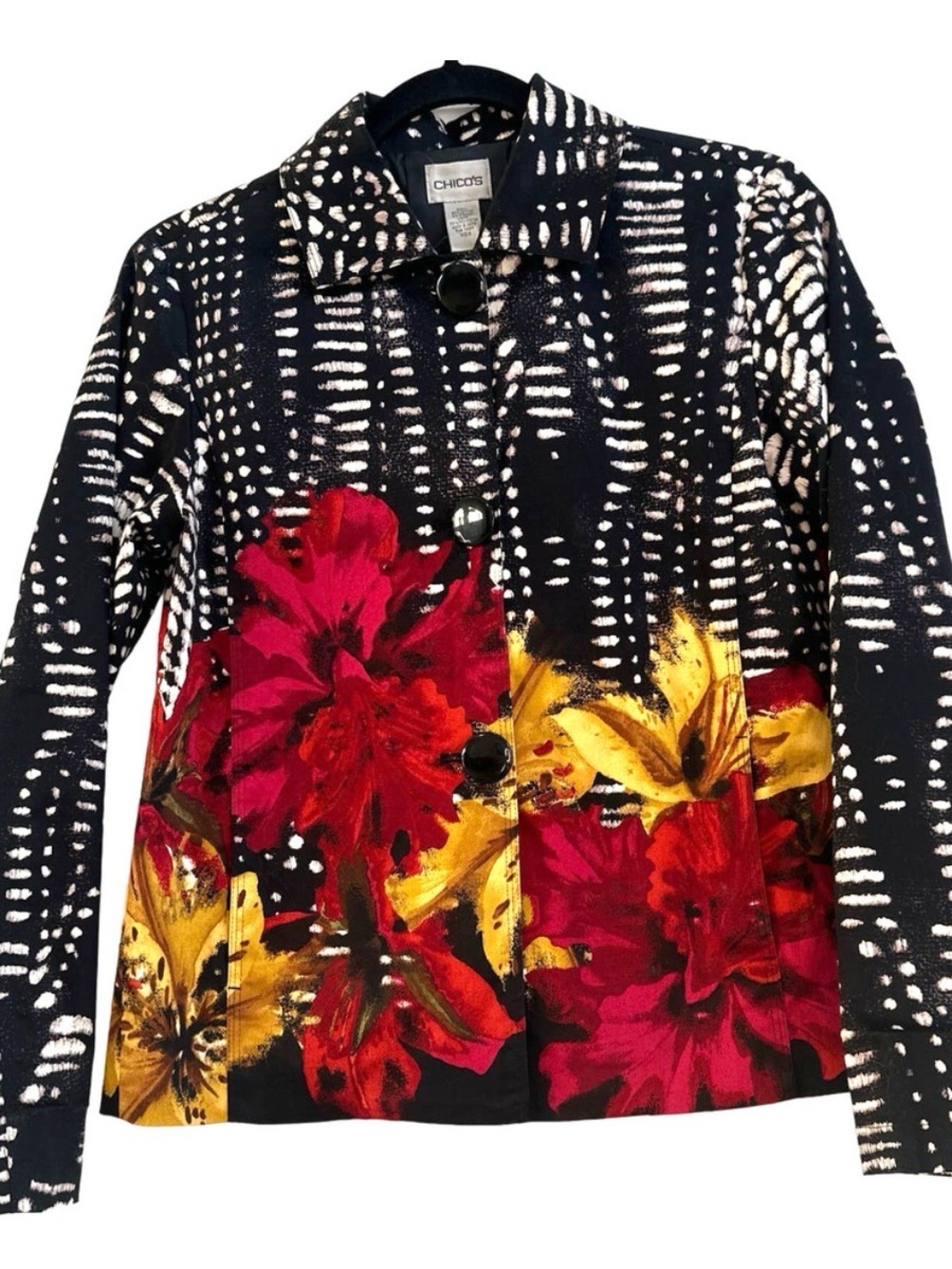 Chico's Boho Floral Abstract Button Down Lined Jacket Dress Blazer Pockets 12
